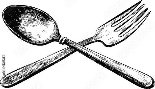 Crossed fork and spoon vintage illustration black sketch. Vector illustration.