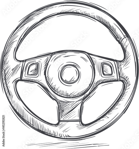 Black and white sketch of a steering wheel with detailed lines. Vector illustration.