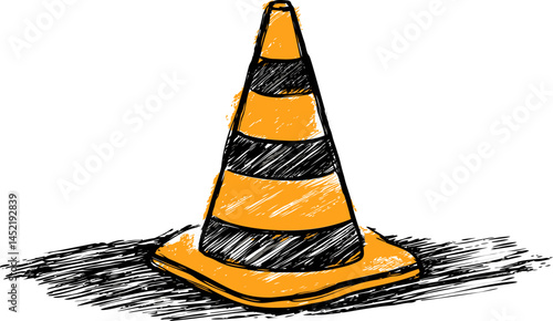 Orange traffic cone with black stripes in sketch style drawing. Vector illustration.