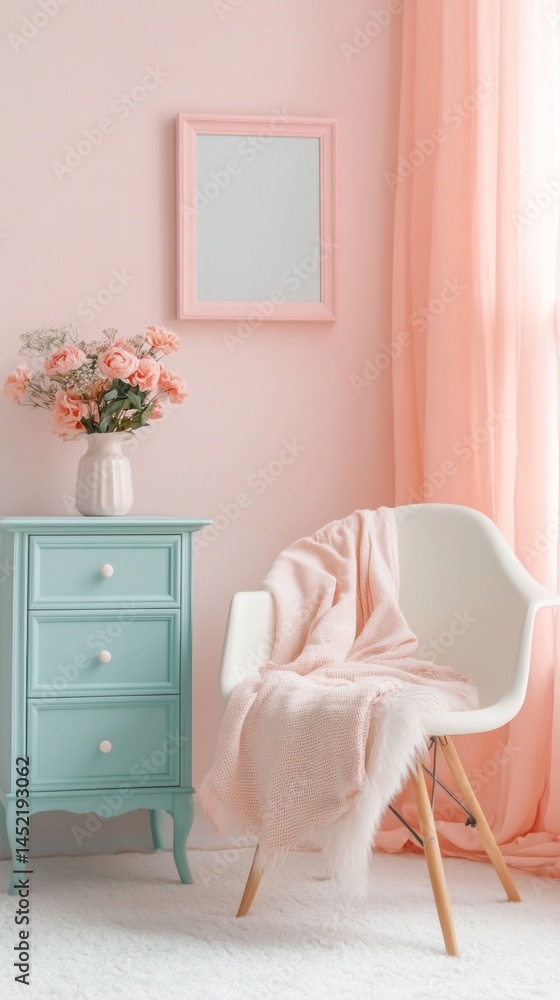 Fototapeta premium A tranquil interior space boasts pink pastel walls and soft furnishings. A stylish white chair is draped with a fluffy throw, complemented by a vase of flowers on a blue chest