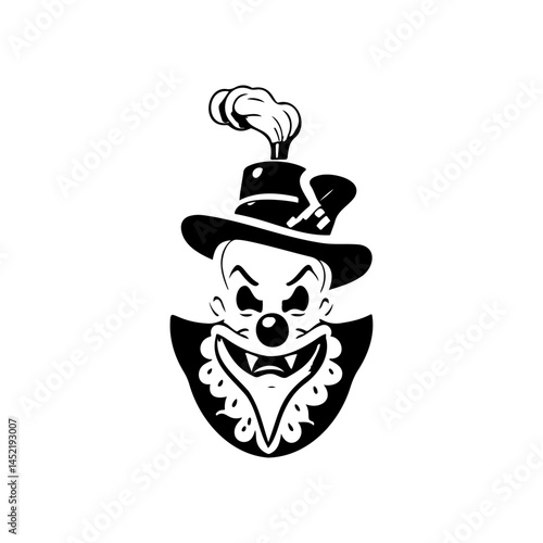 Monochromatic depiction of a sinister clown, adorned in a vintage ensemble