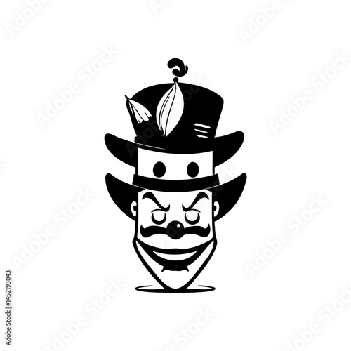 Monochrome whimsical character illustration with hat and facial expression