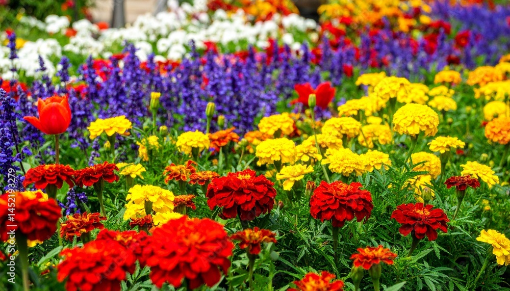 A garden of colorful flowers in bloom. This bright landscape is perfect for spring or summer themes, nature backdrops, gardening, or an eco-friendly lifestyle. A garden of colorful flowers in bloom. This bright landscape is perfect for spring or summer themes, nature backdrops, gardening, or an eco-friendly lifestyle.
