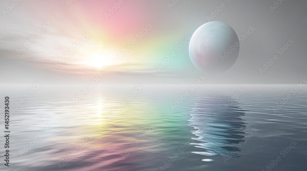 A serene landscape depicting a mystical planet over calm waters at sunrise. A serene landscape depicting a mystical planet over calm waters at sunrise.