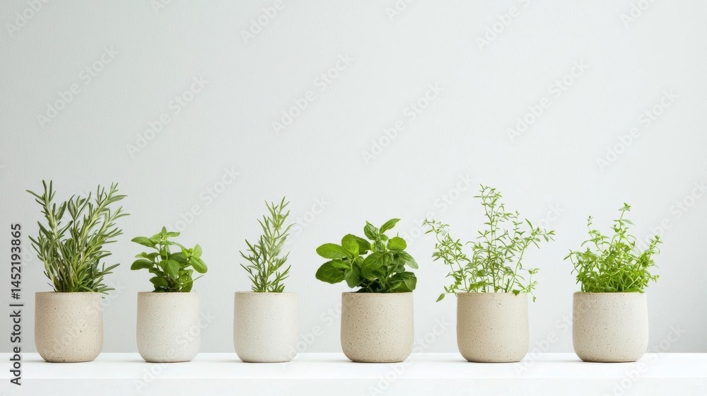 Fototapeta premium Row of six small potted plants arranged in a line on a white shelf against a plain white wall.
