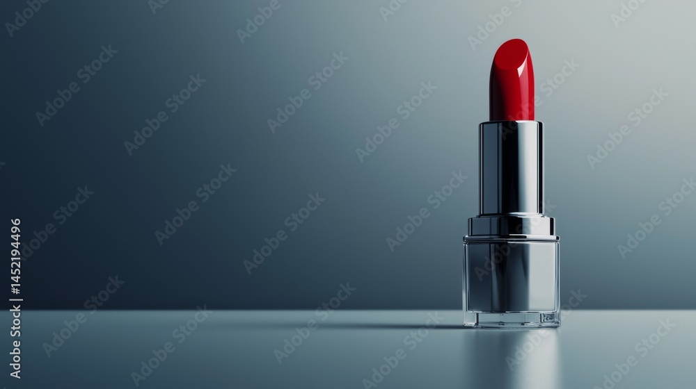 A sleek red lipstick rests elegantly on a minimalist surface, showcasing beauty and style. A sleek red lipstick rests elegantly on a minimalist surface, showcasing beauty and style.