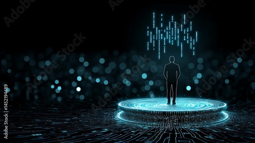 Podium stage motivation. A person stands on a glowing digital platform, surrounded by virtual data and futuristic lights in a high-tech environment.
