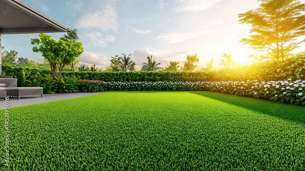 Naklejka premium Serene Sunset Garden: Lush Green Lawn, Blooming Flowers, and Tranquil Atmosphere
