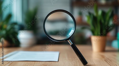 Magnifying glass on table with green plants in background for enhanced analysis
