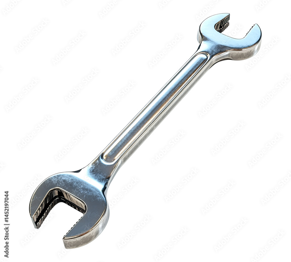 A silver wrench is shown in a close up A silver wrench is shown in a close up