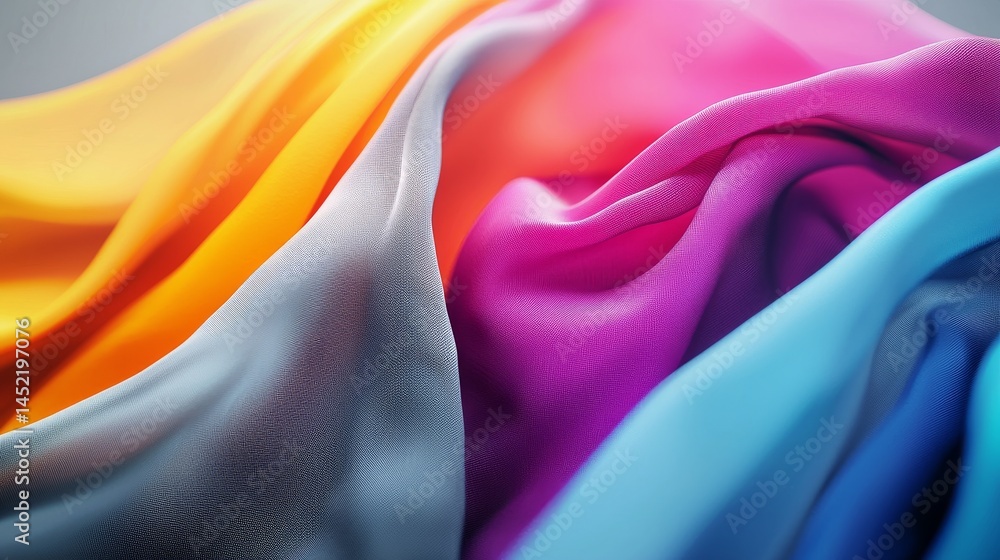 A vibrant fabric showcasing a mix of colors in smooth, flowing folds. A vibrant fabric showcasing a mix of colors in smooth, flowing folds.