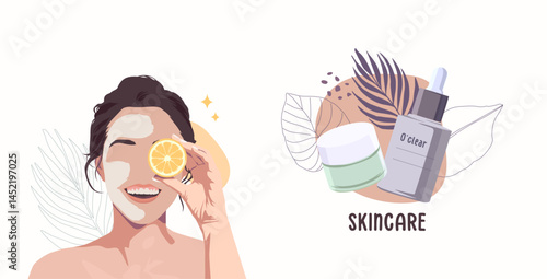 Vector illustration of a smiling woman applying facial mask and holding orange slice with skincare products beside her. Perfect for cosmetics, beauty care, healthy skin, and wellness promotion content