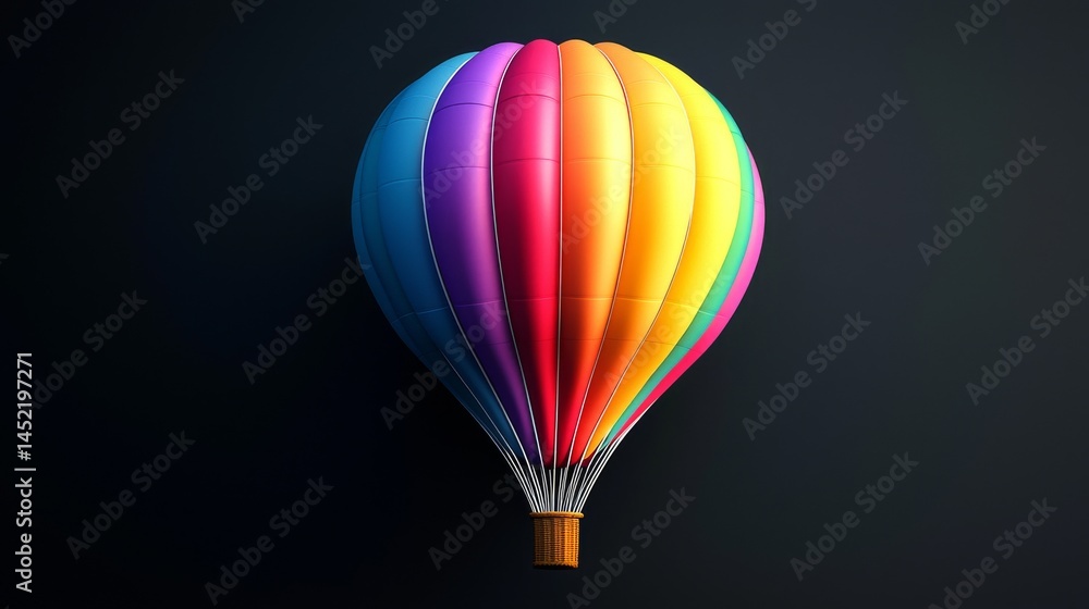 Naklejka premium A vibrant hot air balloon with rainbow colors floating against a dark background.