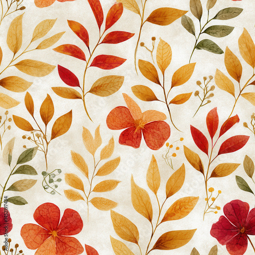 Obraz na płótnie Seamless pattern of autumn leaves and flowers in warm tones creating cozy and inviting design w salonie