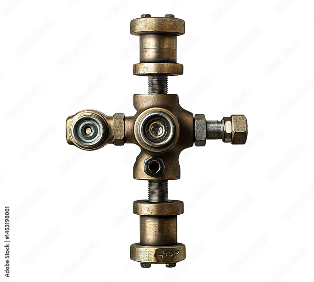 A brass pipe with a cross shape and a number on it A brass pipe with a cross shape and a number on it
