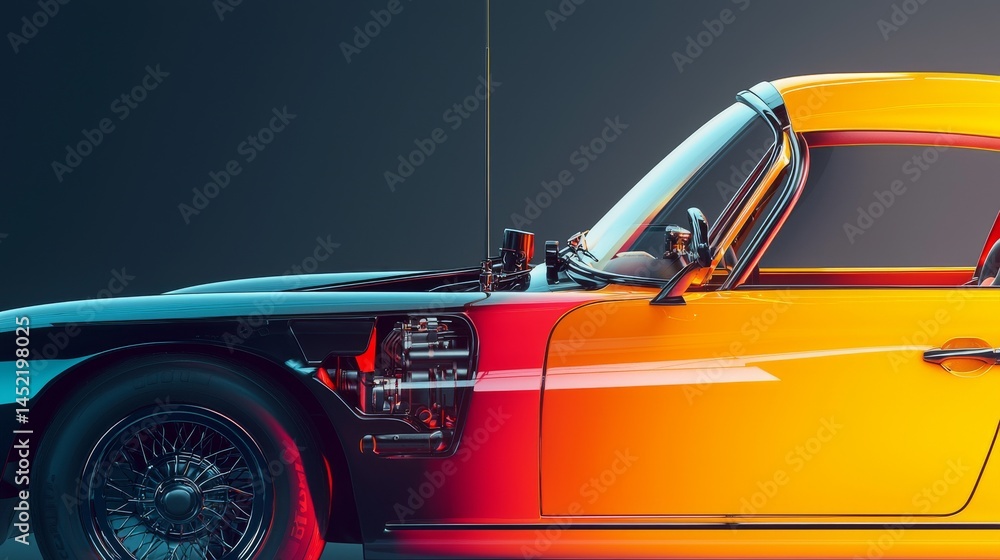 Naklejka premium A vibrant side view of a classic car featuring bold orange and black colors.