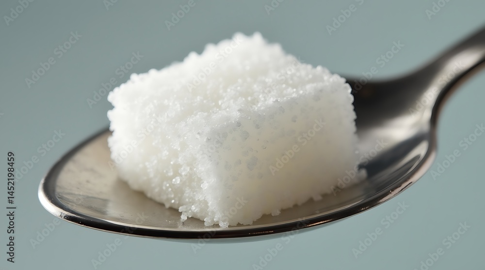 Close up macro shot of white sugar cube on spoon for food and drink photography and healthy eating Close up macro shot of white sugar cube on spoon for food and drink photography and healthy eating