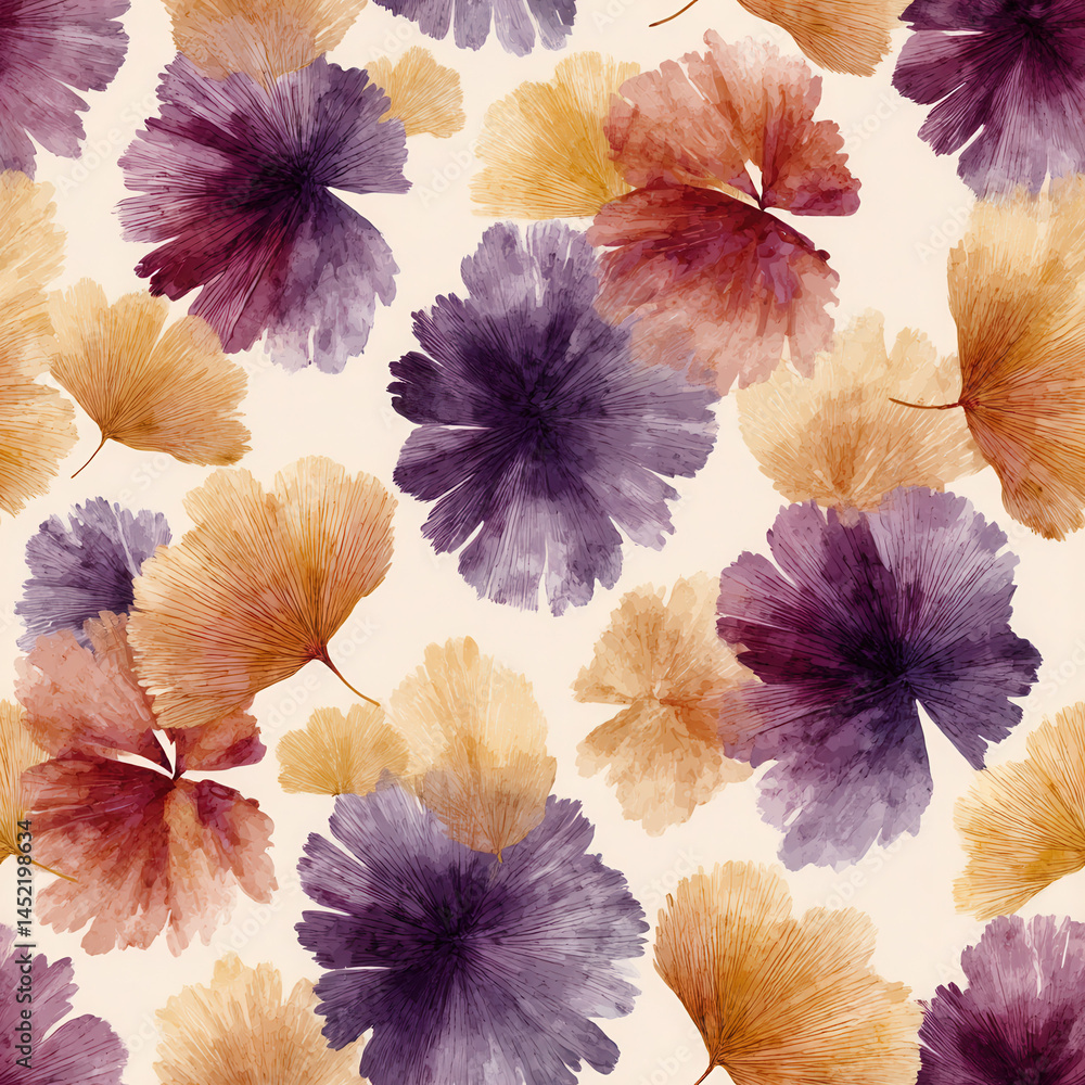 Seamless pattern of watercolor flowers in warm autumn hues creates vibrant and artistic design