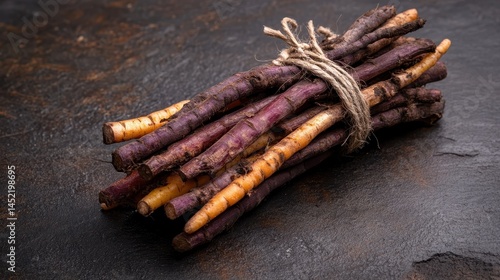 A vibrant bundle of freshly harvested carrots, showcasing a mix of purple and orange colors, tied together, adds freshness to any culinary theme or healthy lifestyle visual.