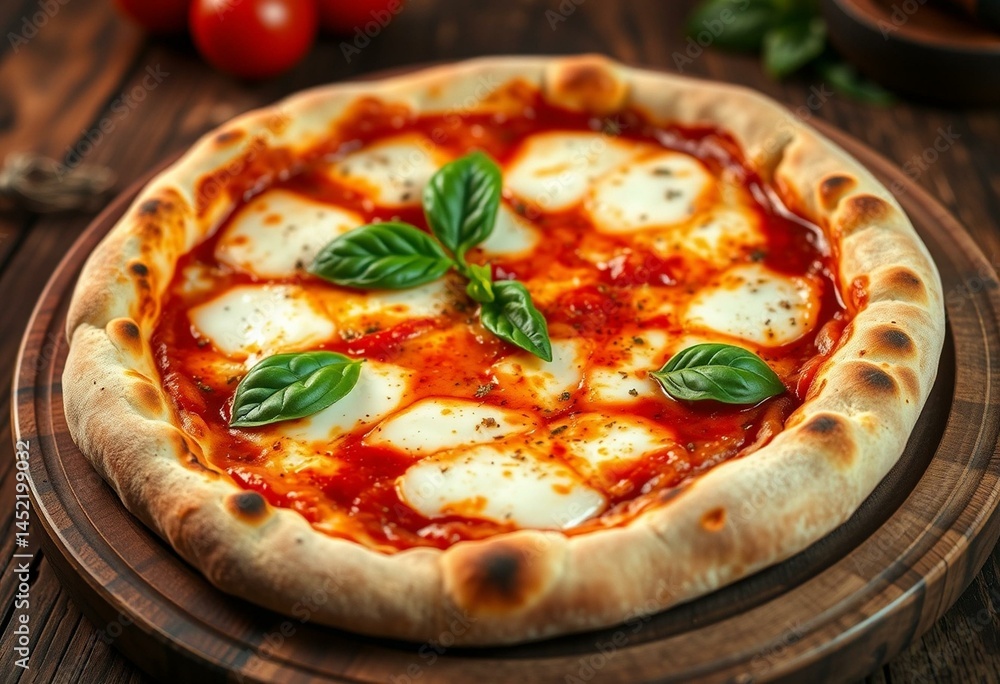 A delicious Margherita pizza with a crispy crust and melted mozzarella cheese A delicious Margherita pizza with a crispy crust and melted mozzarella cheese