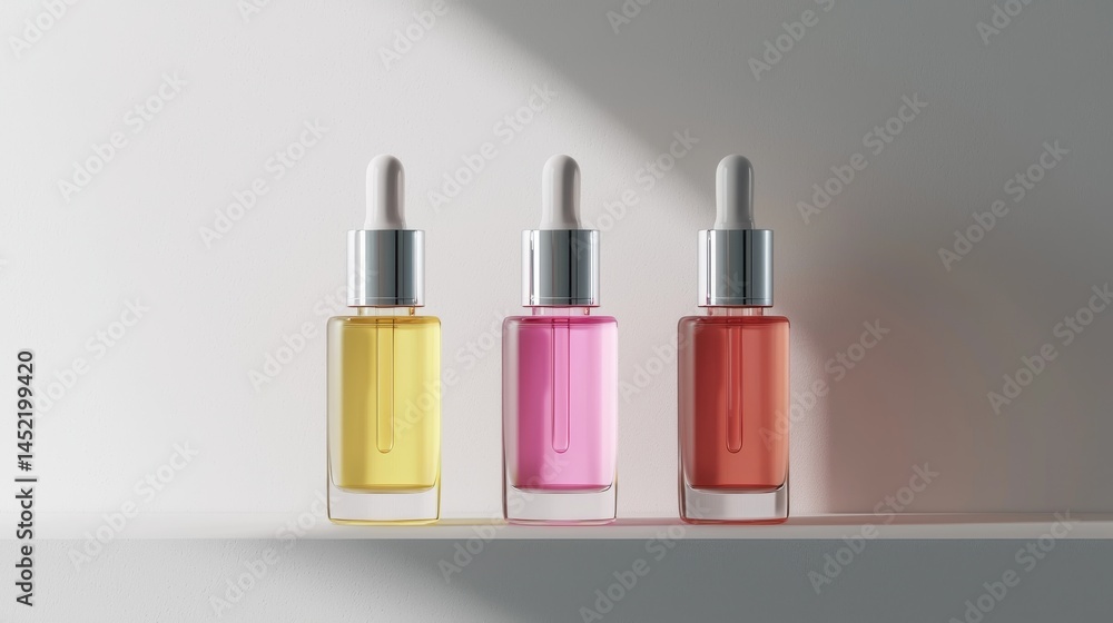 Aesthetic image of colorful serums in glass bottles on a minimalist surface. Aesthetic image of colorful serums in glass bottles on a minimalist surface.