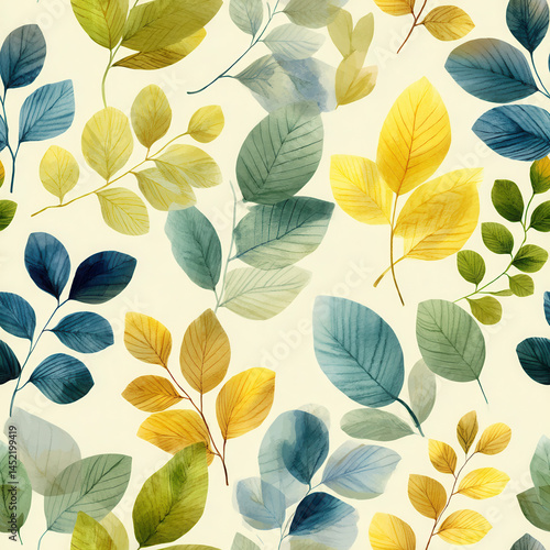 Obraz na płótnie Colorful leaves create seamless pattern with natural and artistic feel. design features various leaf shapes in green, yellow, and blue hues w salonie