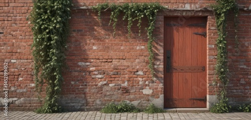 Weathered red brick wall, antique wooden door, climbing vines , facade, image