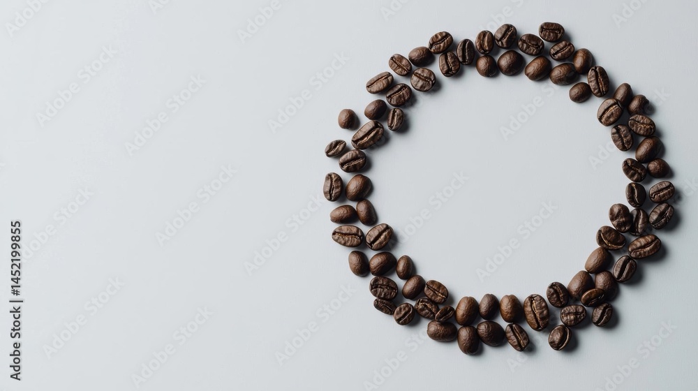 Flat lay of coffee beans arranged in a circular pattern on a light blue background. the beans are dark brown in color and appear to be freshly roasted. Flat lay of coffee beans arranged in a circular pattern on a light blue background. the beans are dark brown in color and appear to be freshly roasted.