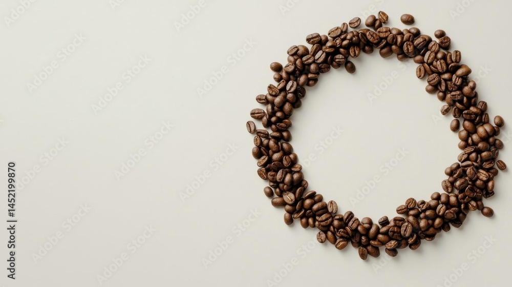 Flat lay of a circle made of coffee beans. the beans are arranged in a way that they form the shape of a letter Flat lay of a circle made of coffee beans. the beans are arranged in a way that they form the shape of a letter