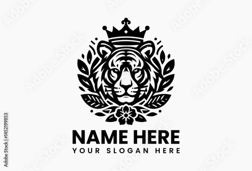 Striking black and white illustration of a regal tiger head wearing a crown, surrounded by decorative leaves in a symmetrical design. Wildlife concept
