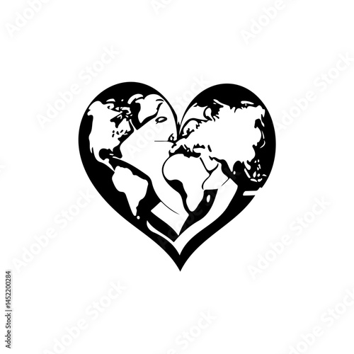 Global affection emblem symbolizing earth's continents within a heart shape