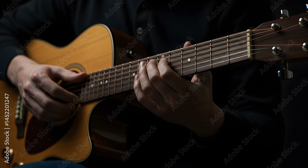 Hands playing acoustic guitar in dark setting close up view Hands playing acoustic guitar in dark setting close up view
