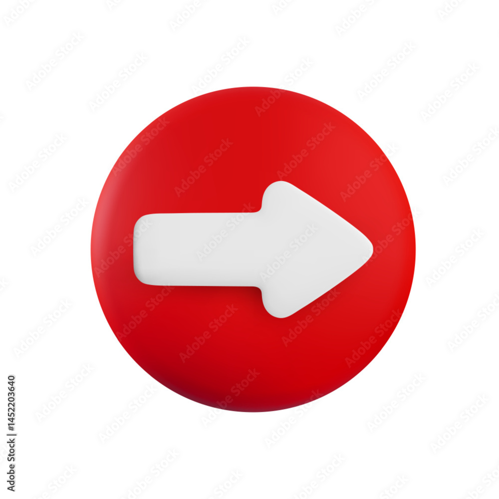 Vector cartoon 3d right arrow button. Cute realistic forward direction white arrow sign on red circle. 3d render plastic navigation direction icon for infographic, web, business app, design. Vector cartoon 3d right arrow button. Cute realistic forward direction white arrow sign on red circle. 3d render plastic navigation direction icon for infographic, web, business app, design.