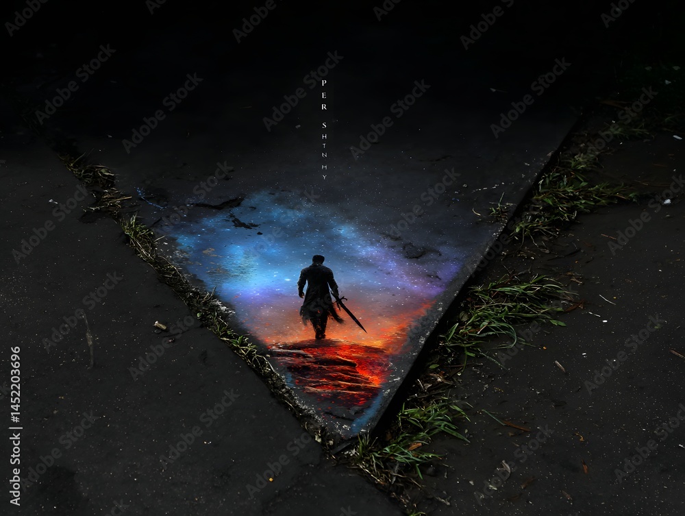Obraz premium Echoes of Solitude: A lone figure, silhouetted against a surreal, otherworldly landscape, strides into the unknown, reflecting in a puddle on the pavement. A visual poem of introspection and journey.