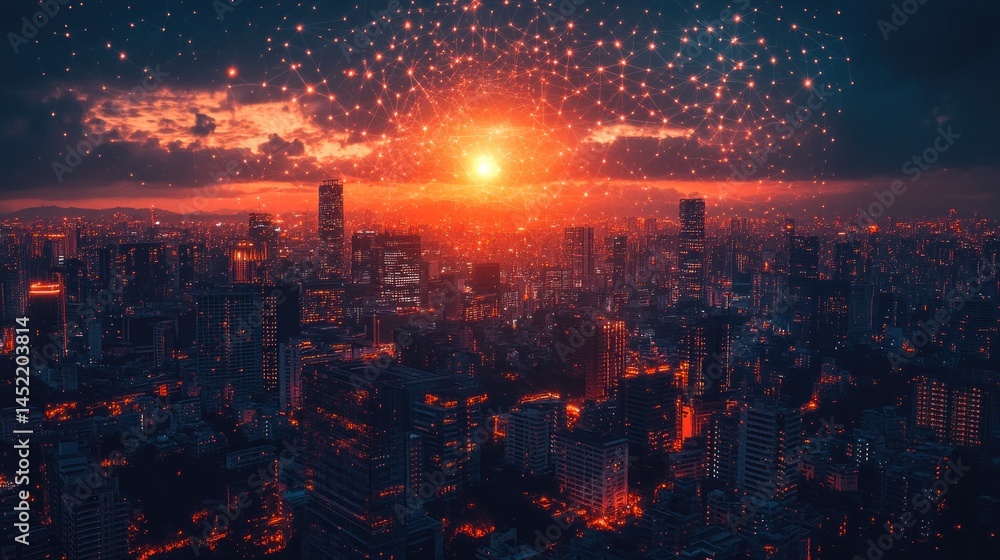 Fototapeta premium Cityscape Sunset Explosion Aerial View