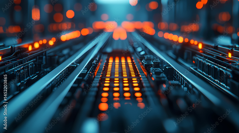 Futuristic circuit board with glowing orange lights and metallic pathways, showcasing advanced technology and digital connectivity. Futuristic circuit board with glowing orange lights and metallic pathways, showcasing advanced technology and digital connectivity.