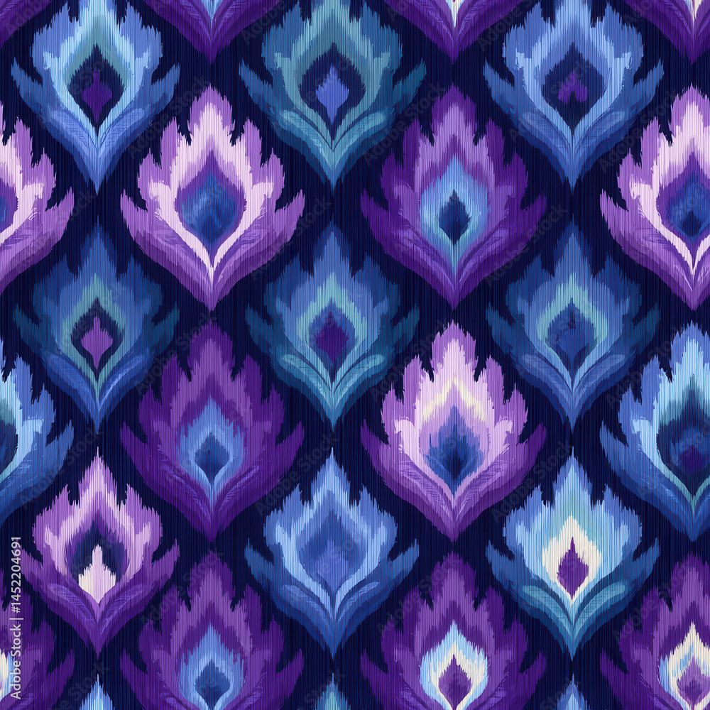 Seamless pattern with vibrant abstract shapes in purple and blue tones creating dynamic and artistic design