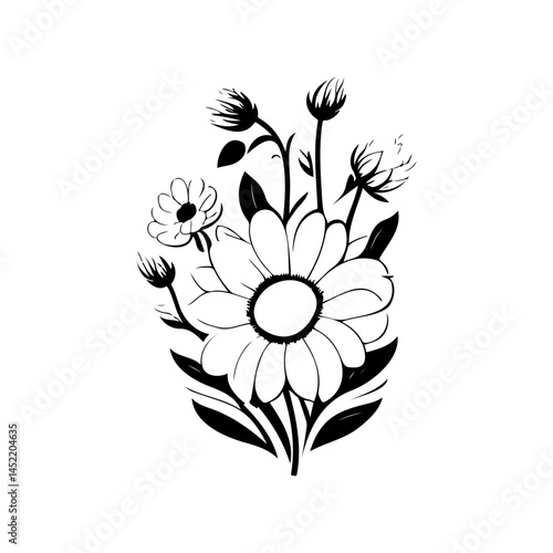 Monochrome floral arrangement: intricate blossom with detailed petals and foliage