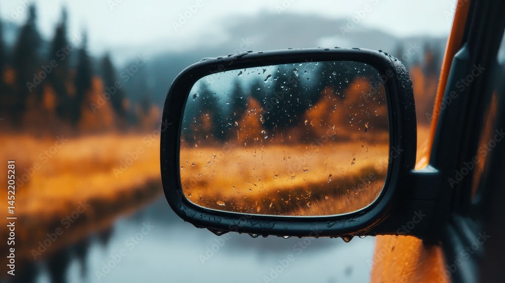 This image captures a rainy car mirror reflecting autumn colors and scenery, creating a dreamy effect that evokes feelings of nostalgia and adventure on a rainy day. This image captures a rainy car mirror reflecting autumn colors and scenery, creating a dreamy effect that evokes feelings of nostalgia and adventure on a rainy day.