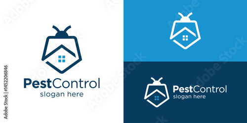 Creative simple pest control logo template. Abstract shield, home and insects symbol. Logo for home pest control service. 