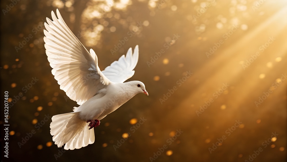 Obraz premium White Dove in Flight with Golden Light Rays
