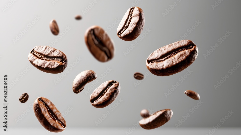 Floating coffee beans in mid-air, showcasing their rich aroma and texture. Floating coffee beans in mid-air, showcasing their rich aroma and texture.
