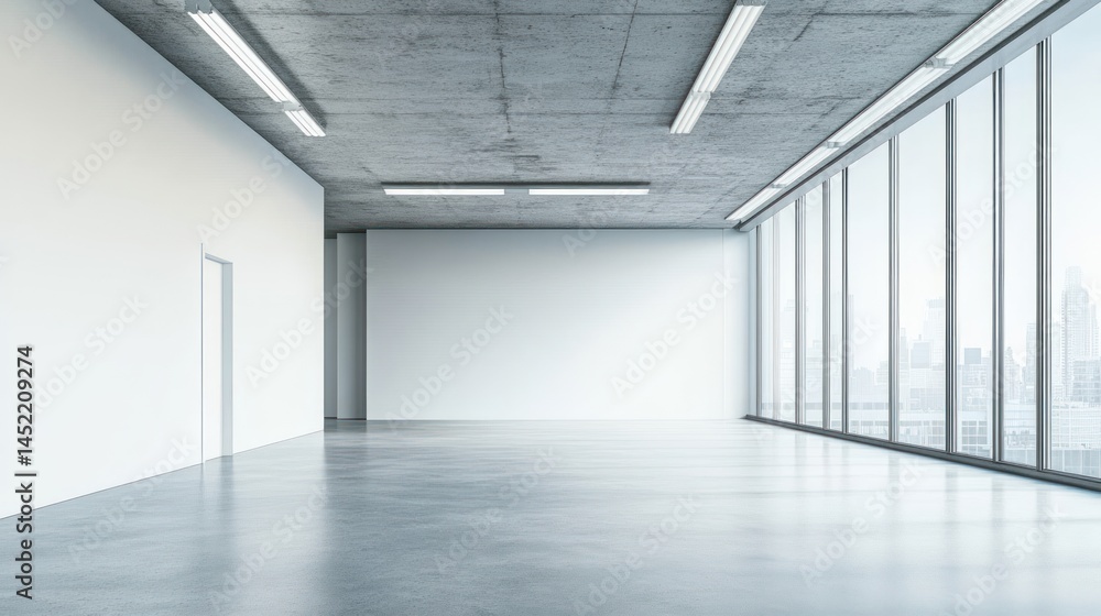 Empty modern office, city view, concrete ceiling, lease Empty modern office, city view, concrete ceiling, lease