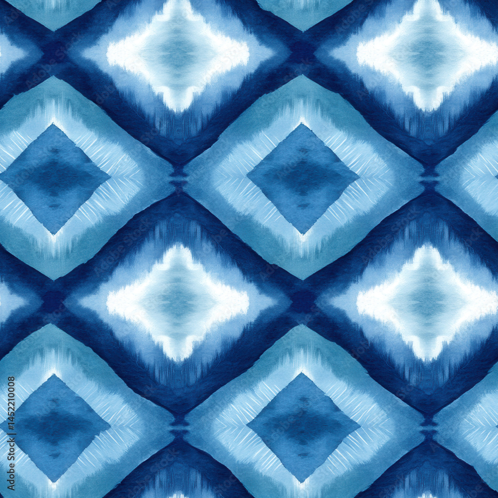 Seamless pattern of blue diamond shapes with watercolor texture creating calming and artistic design
