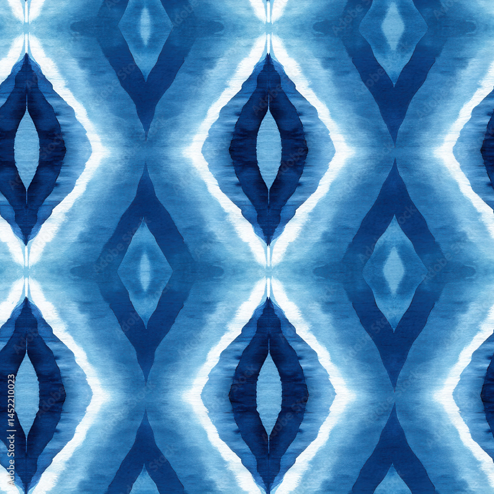 This seamless pattern features blue and white geometric design with diamond motif creating symmetrical and vibrant visual effect