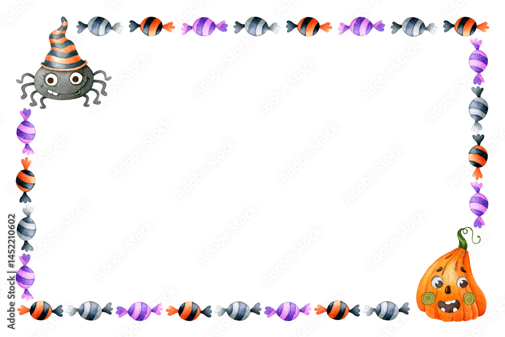 Fototapeta premium Spider, pumpkin and colorful candies. Horizontal rectangular frame made of isolated watercolor elements, hand drawn on a white background. Halloween frame template.