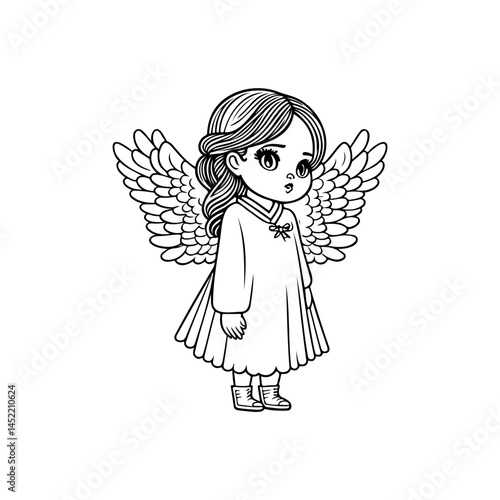 Cute cartoon angel girl with wings in simple black and white line art design