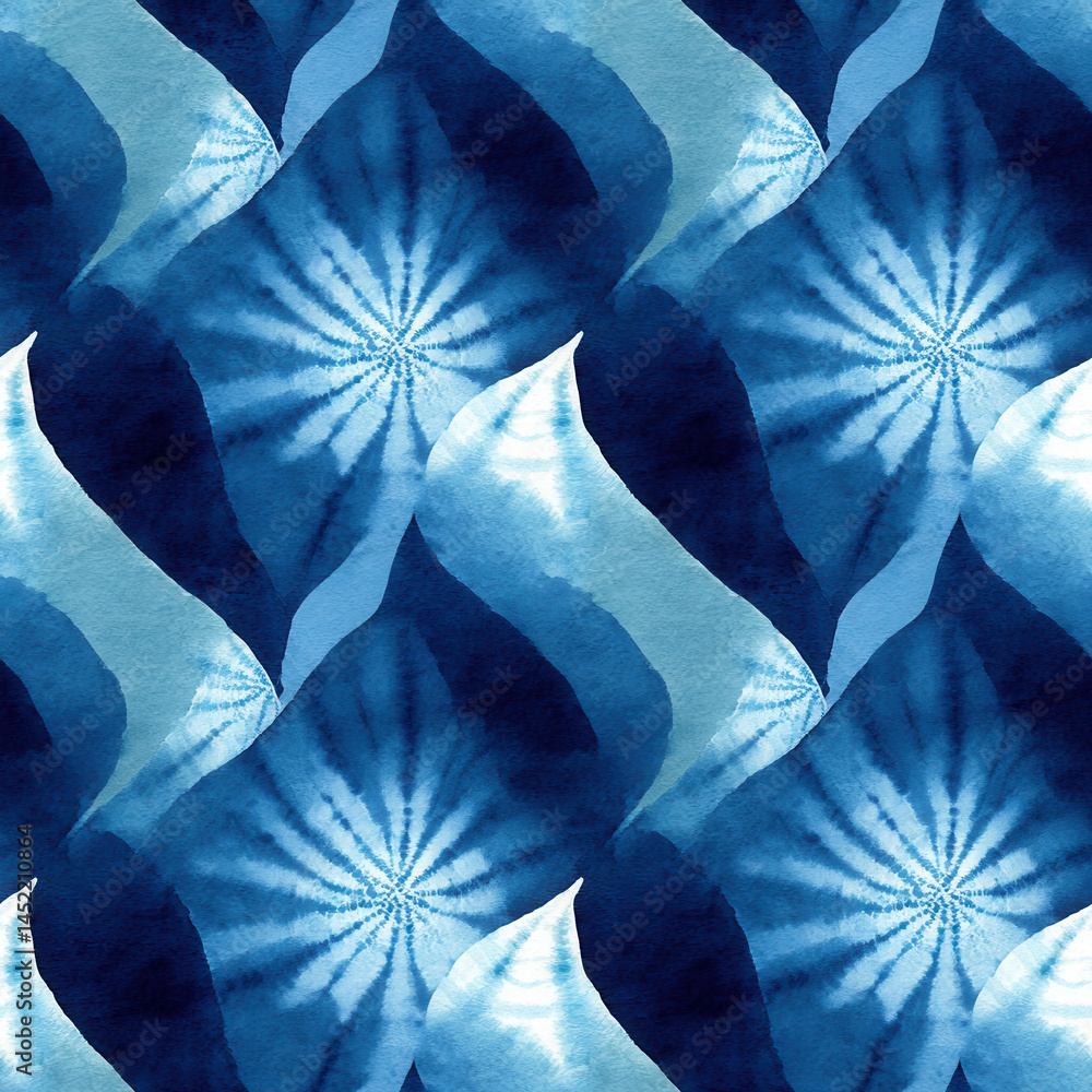 Seamless pattern of abstract blue waves and spirals creates dynamic and calming visual effect