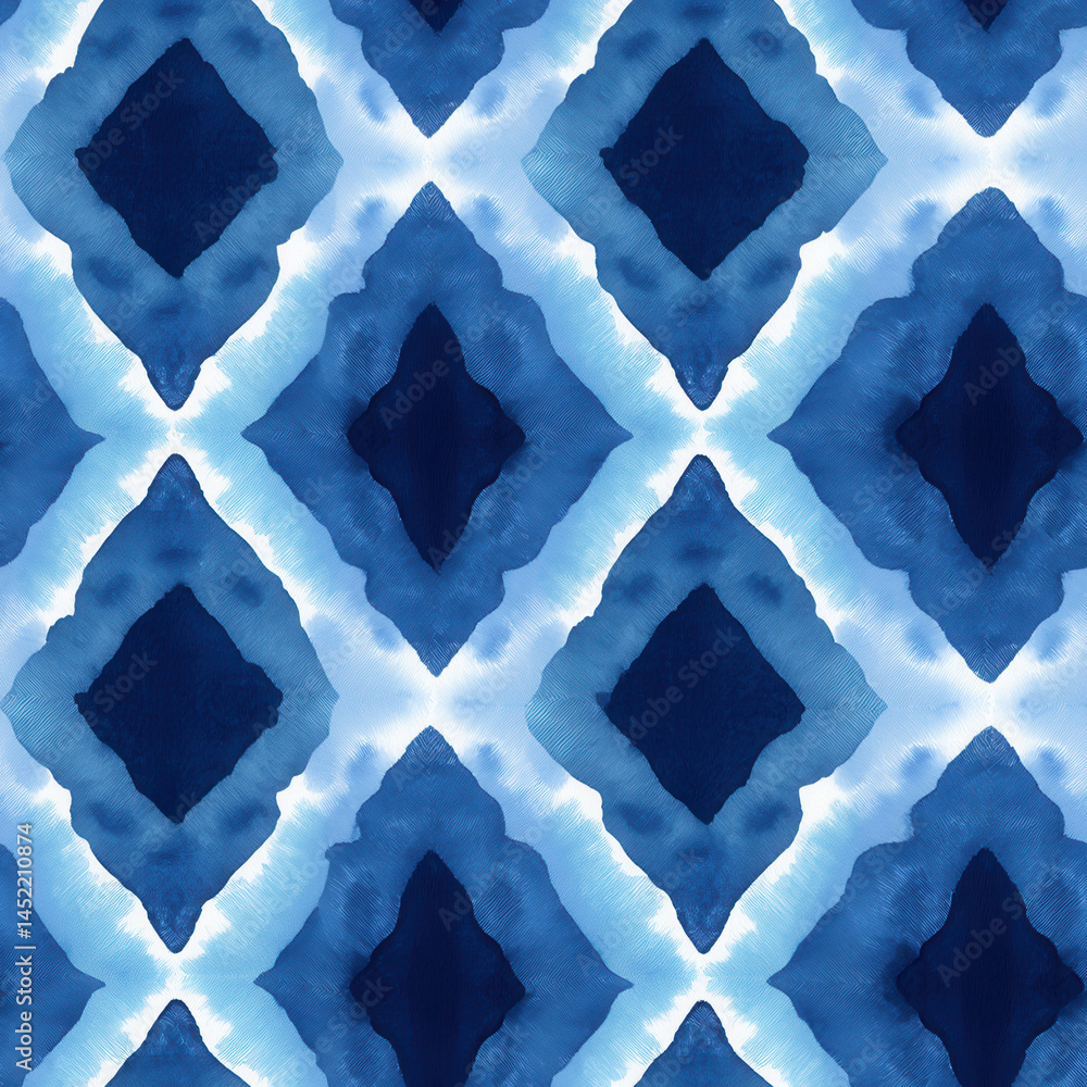 Blue diamond shapes create seamless pattern with watercolor effect adding depth and texture