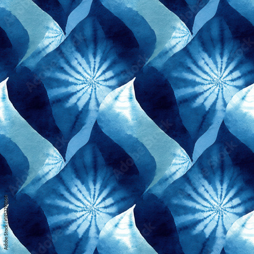Seamless pattern of abstract blue waves and spirals creates dynamic and calming visual effect